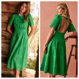 Sezane NWT Green Eyelet Midi Dress with Open Back